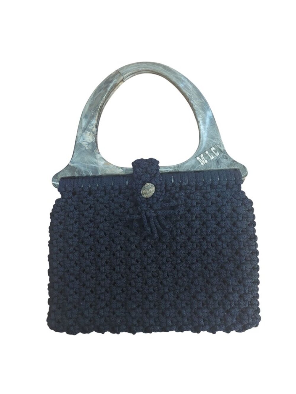 Macrame Crochet Handbag Tote Navy Blue Gray Lucite Top Handles Shell Toggle Vtg